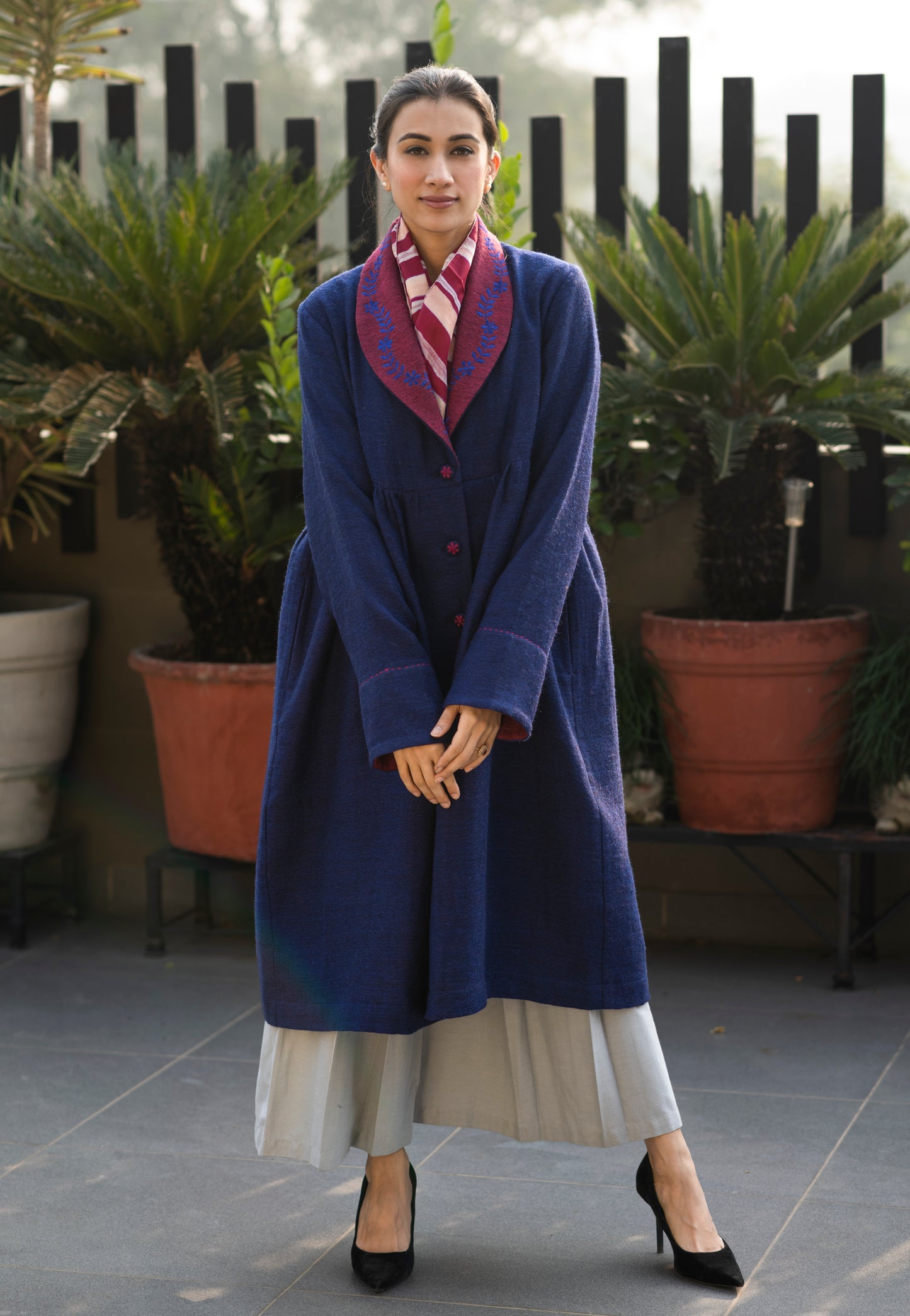 Embroidered Winter Coat Open Collar with Gathers