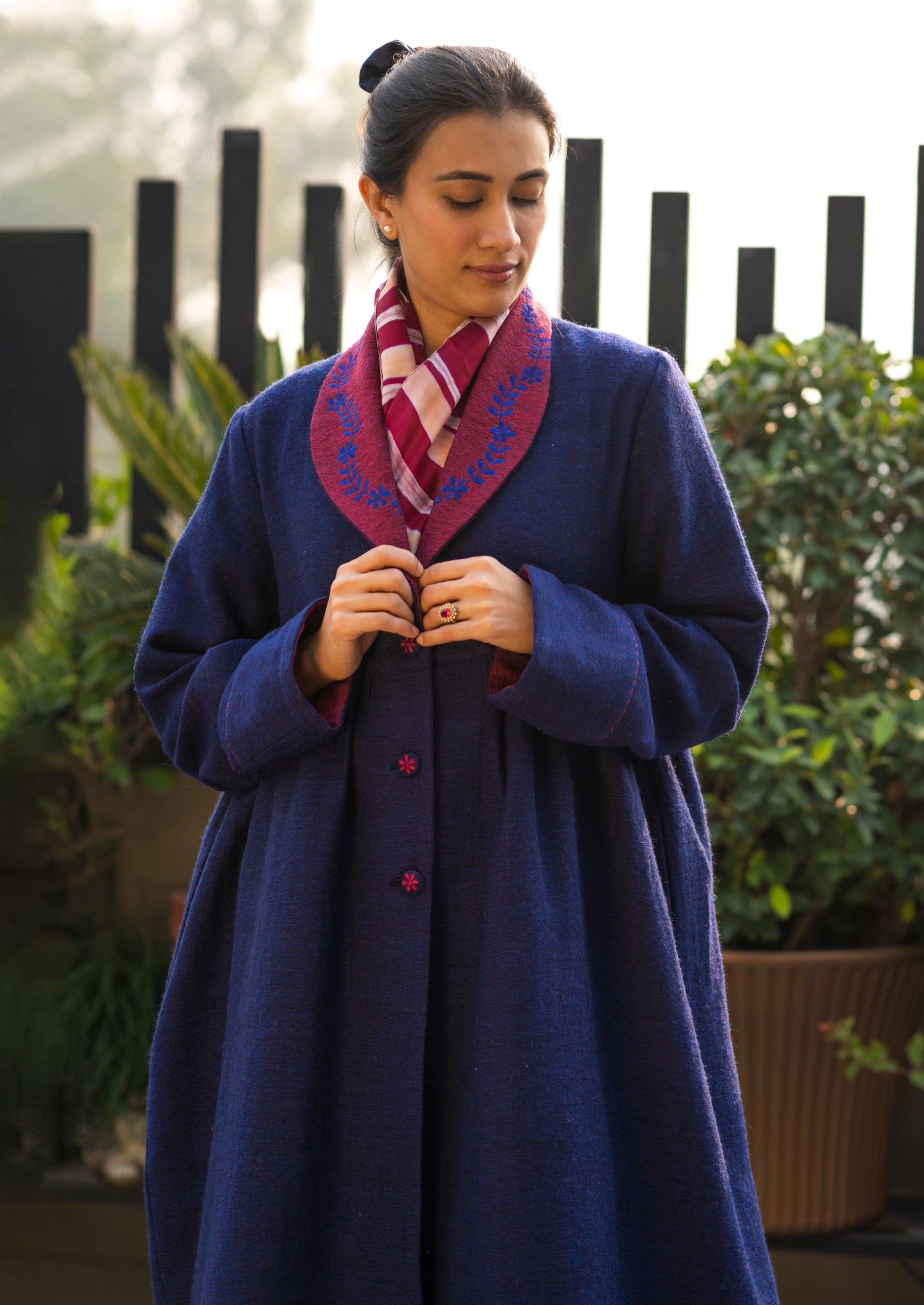 Embroidered Winter Coat Open Collar with Gathers