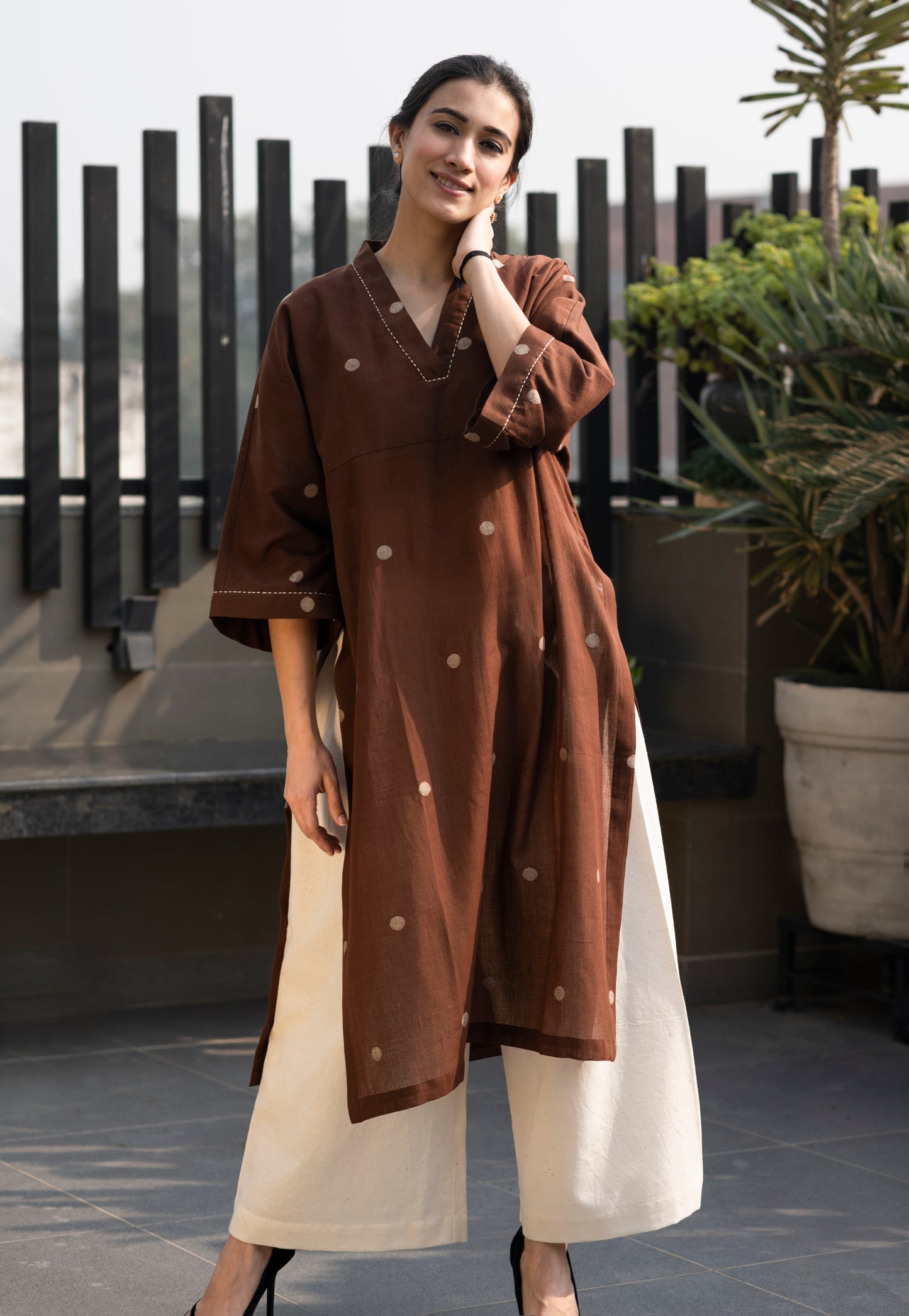 jamdani and kala cotton kurta set in polka