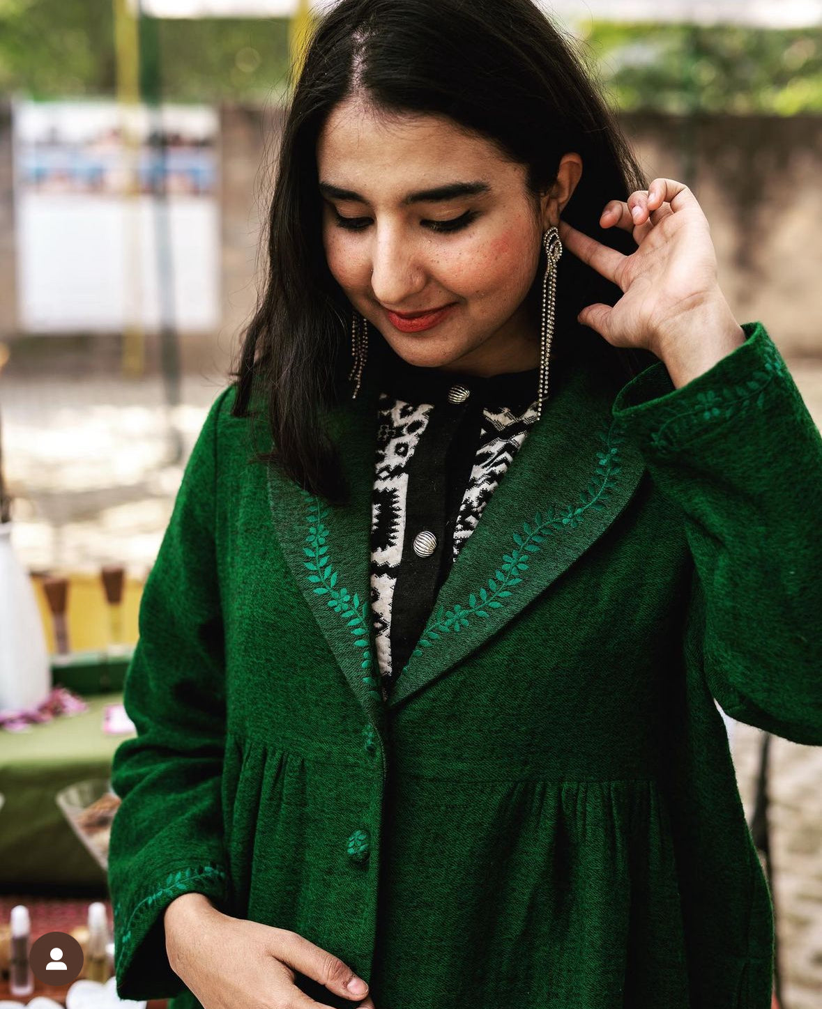 Embroidered Winter Coat Open Collar with Gathers