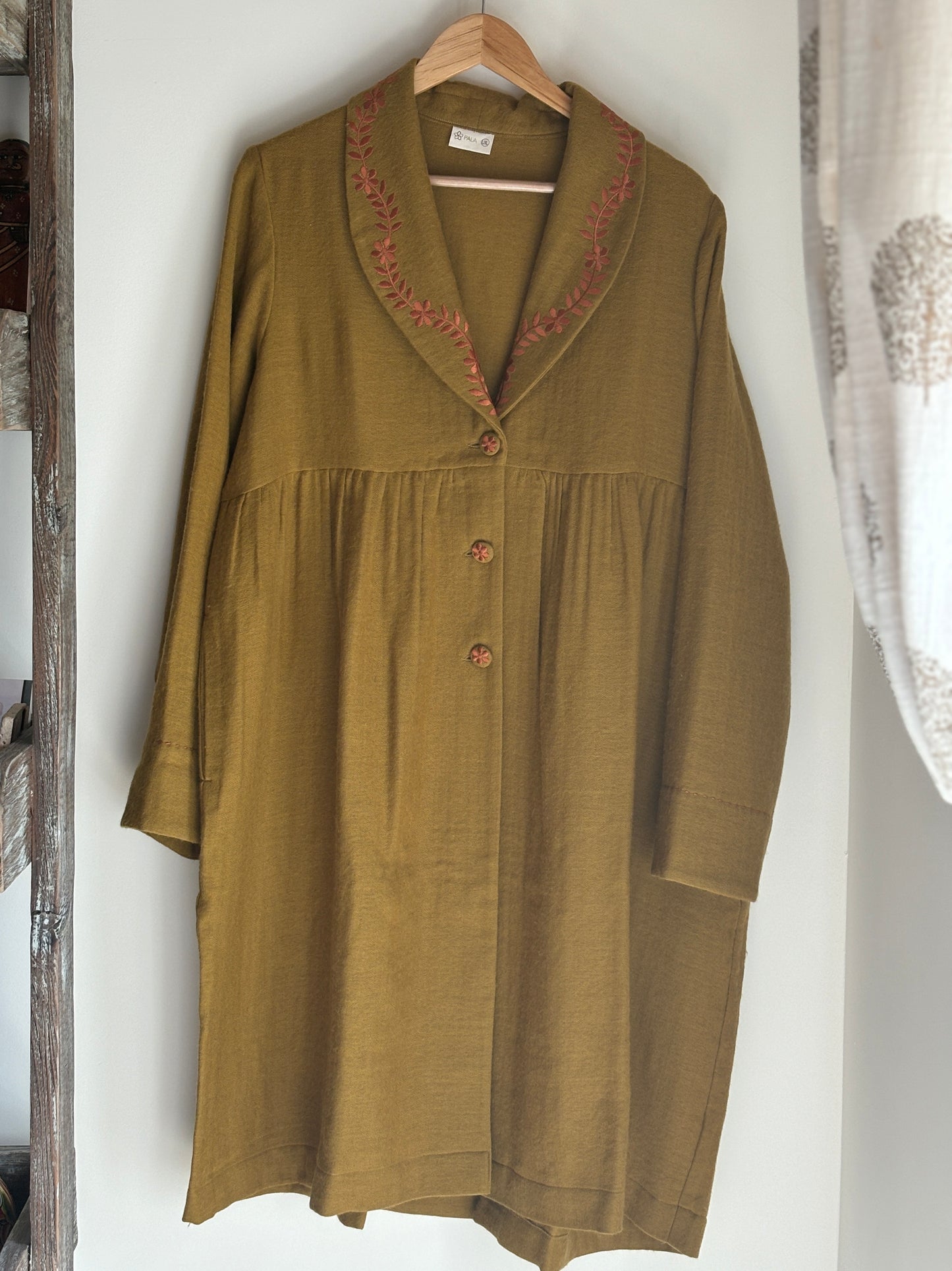 Embroidered Winter Coat Open Collar with Gathers