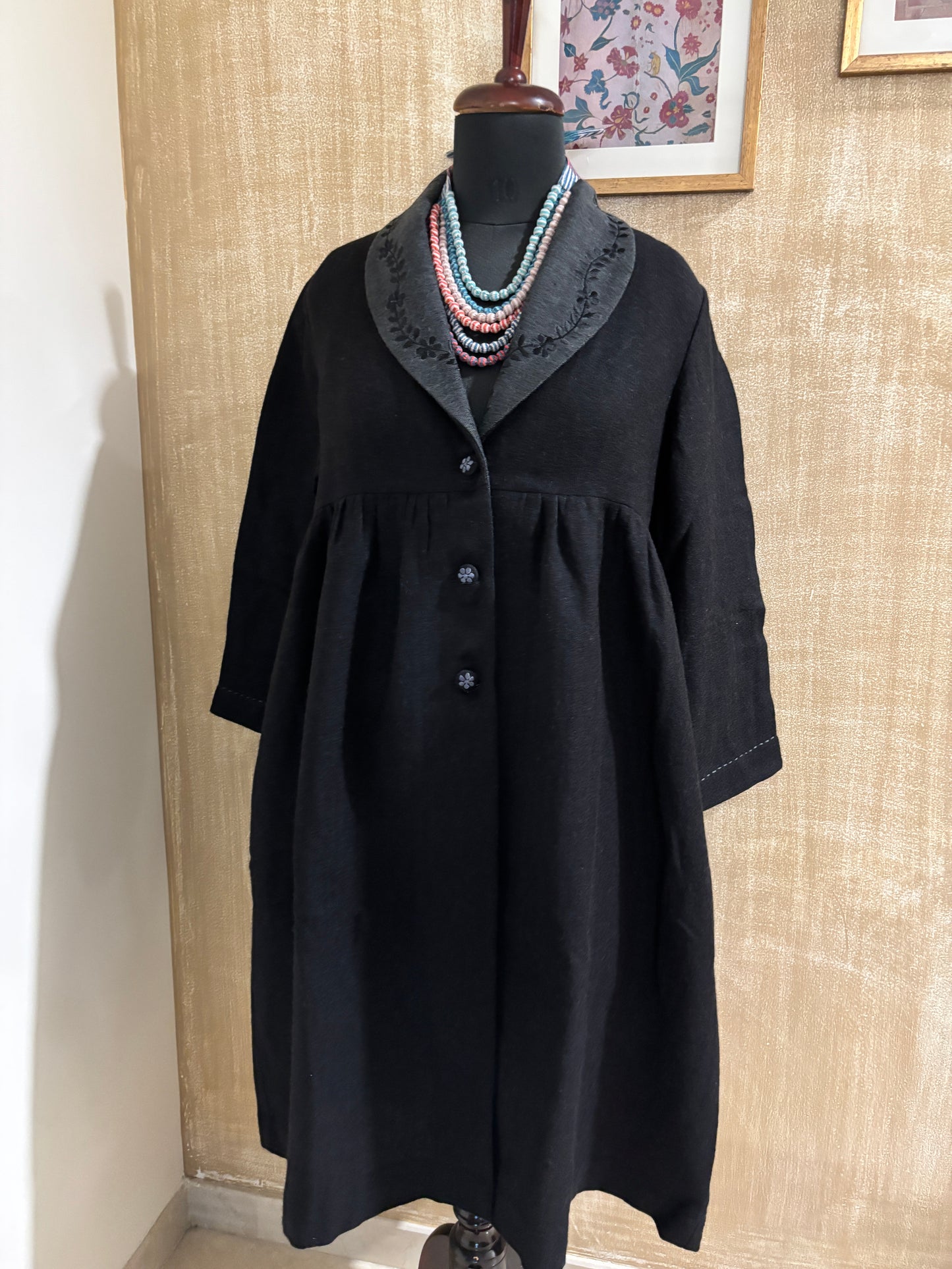 Embroidered Winter Coat Open Collar with Gathers