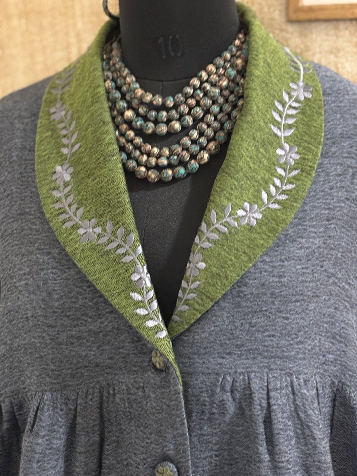 Embroidered Winter Coat Open Collar with Gathers