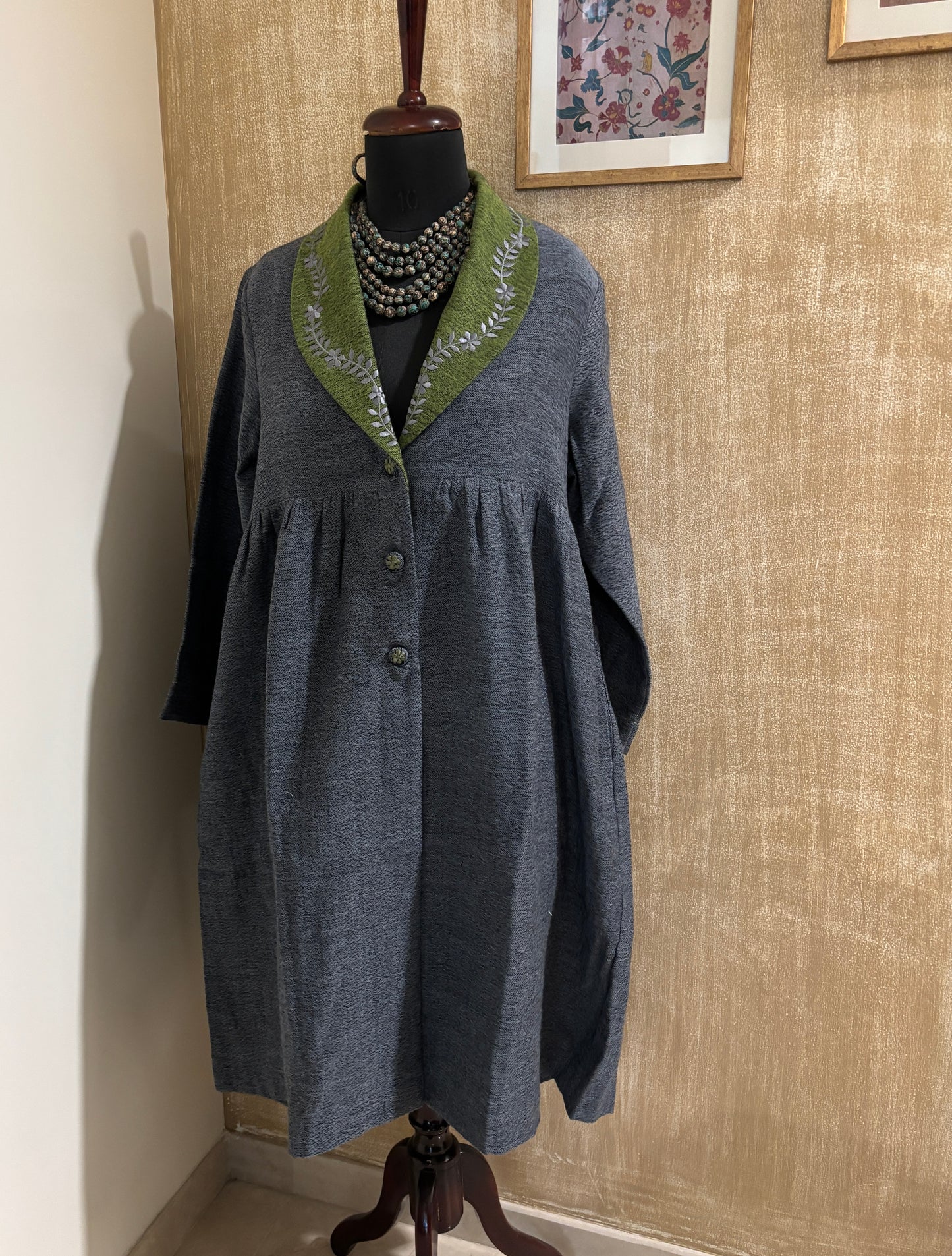 Embroidered Winter Coat Open Collar with Gathers