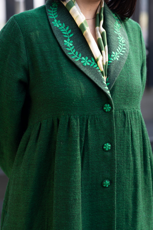 Embroidered Winter Coat  Open Collar with Gathers