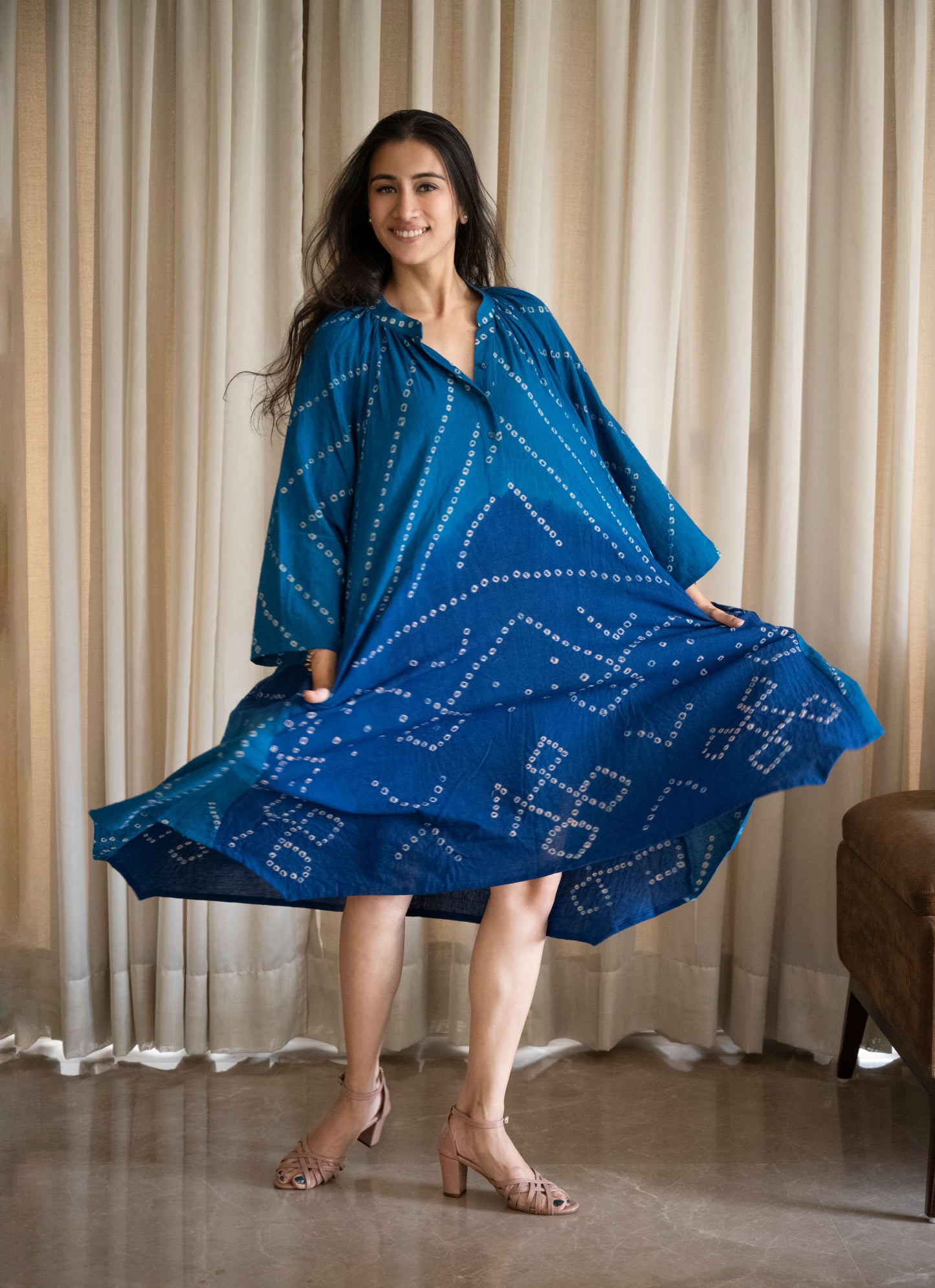 Bandhini Gather Dress Blue
