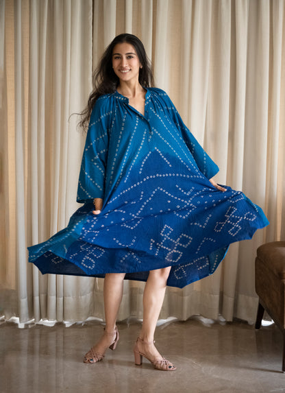 Bandhini Gather Dress Blue