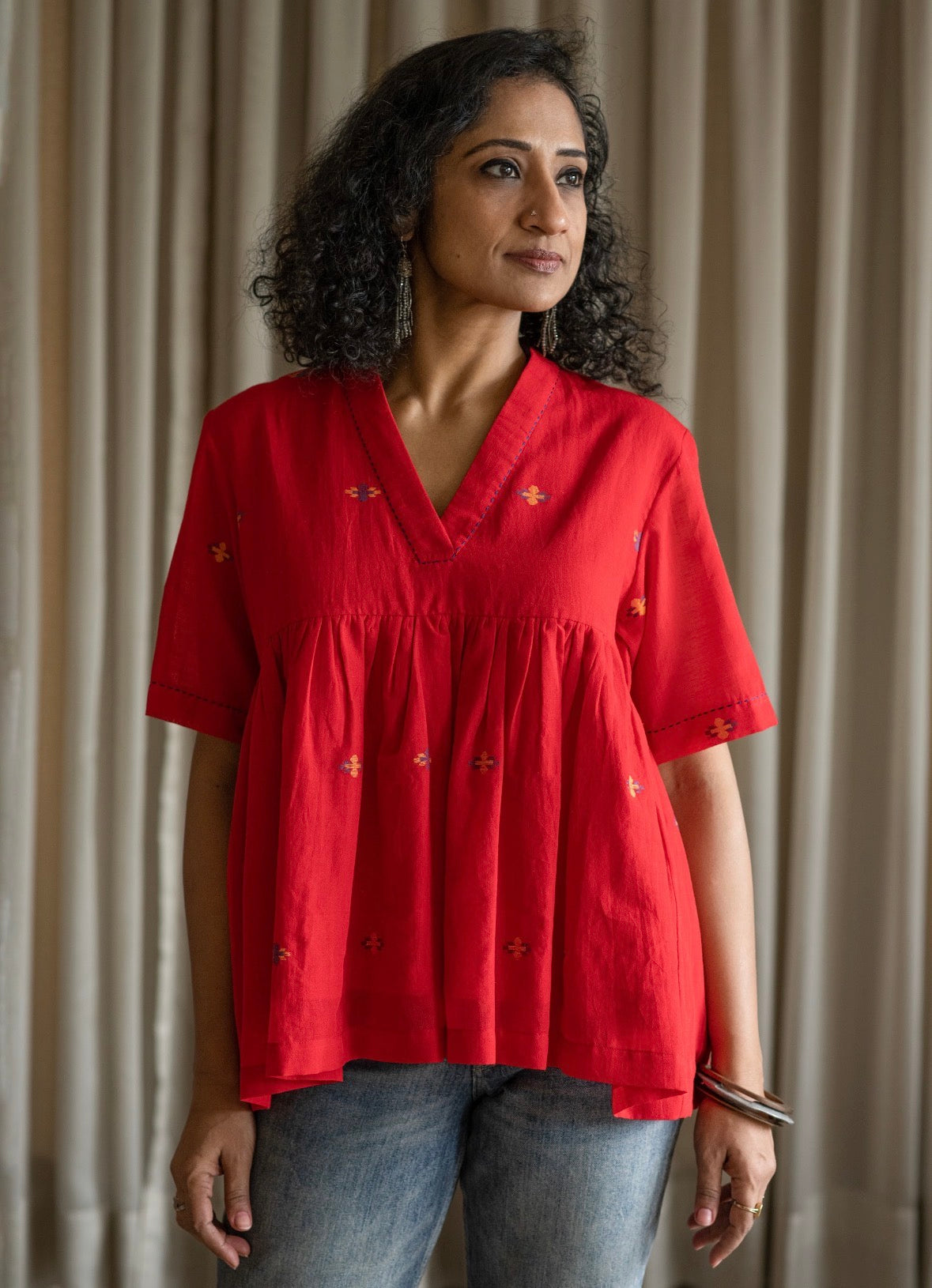 Red Jamdani Top