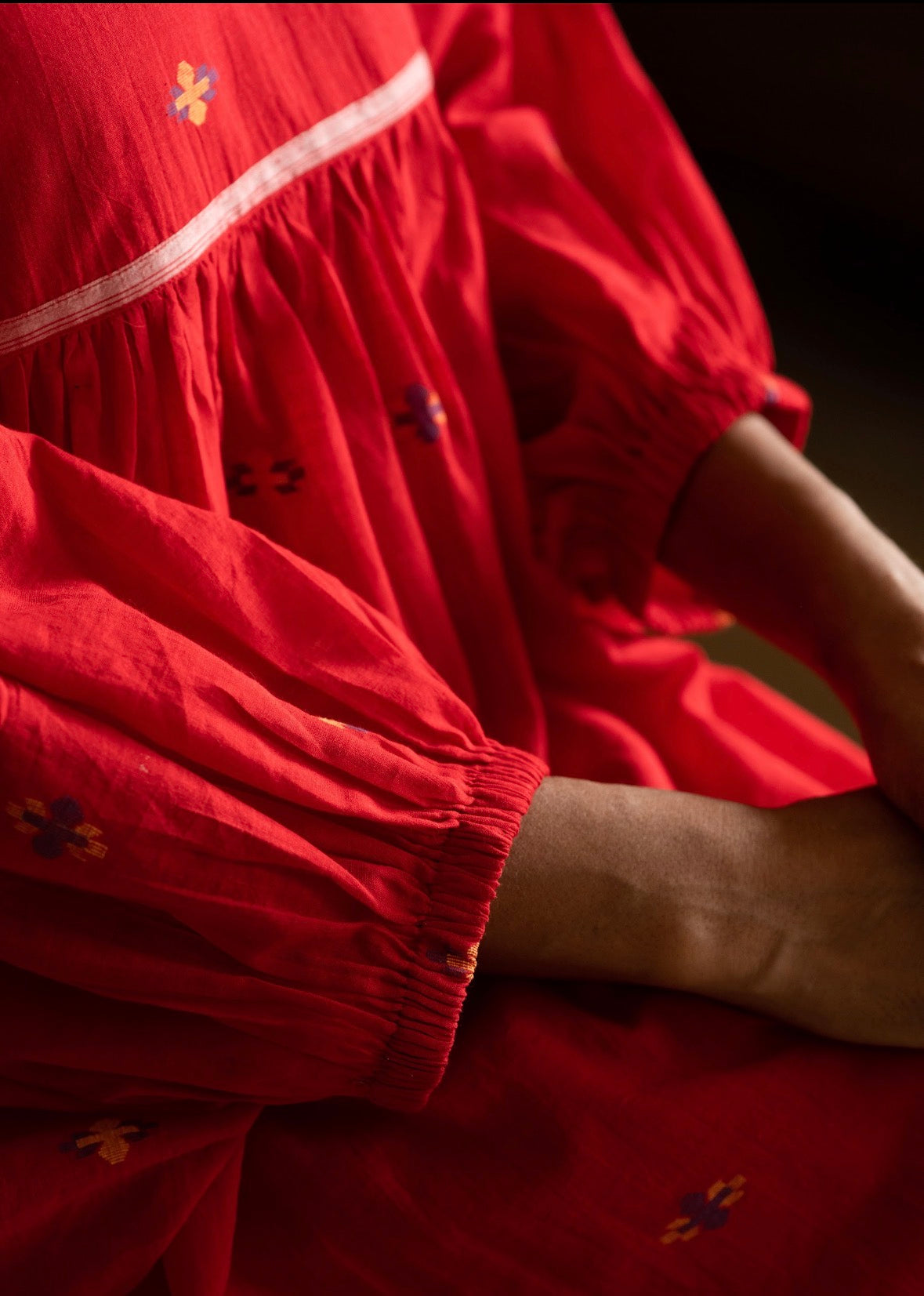 Gather dress in Red Jamdani
