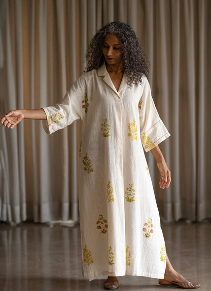 Kala Cotton Block Print  collared  Maxi Dress