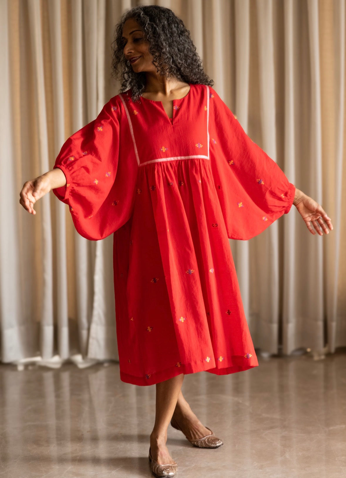 Gather dress in Red Jamdani