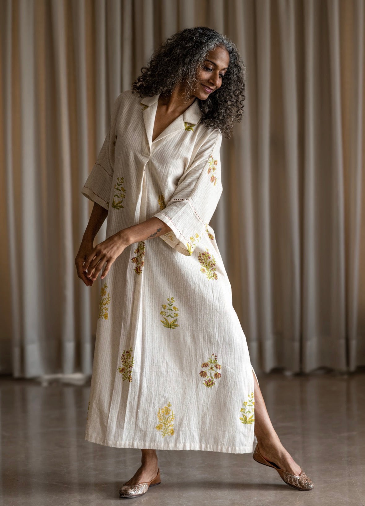 Kala Cotton Block Print  collared  Maxi Dress