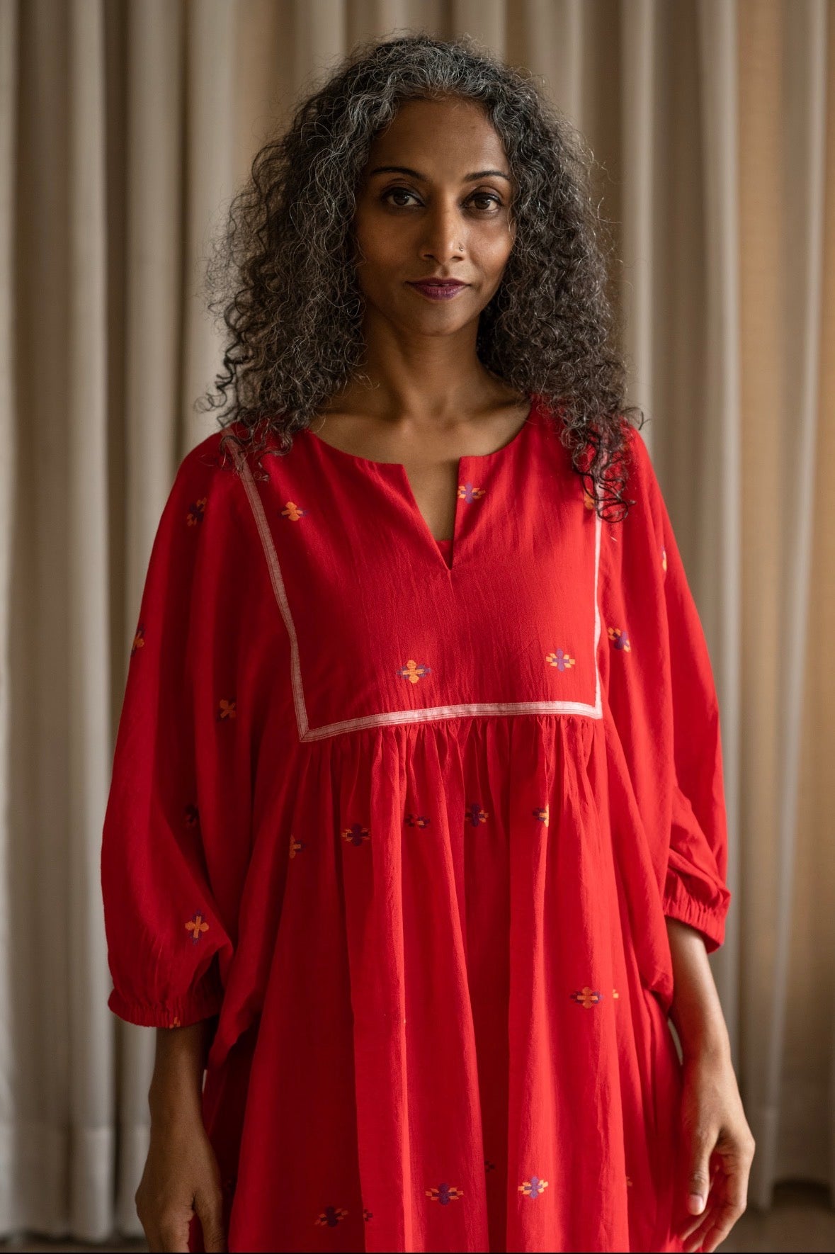 Gather dress in Red Jamdani