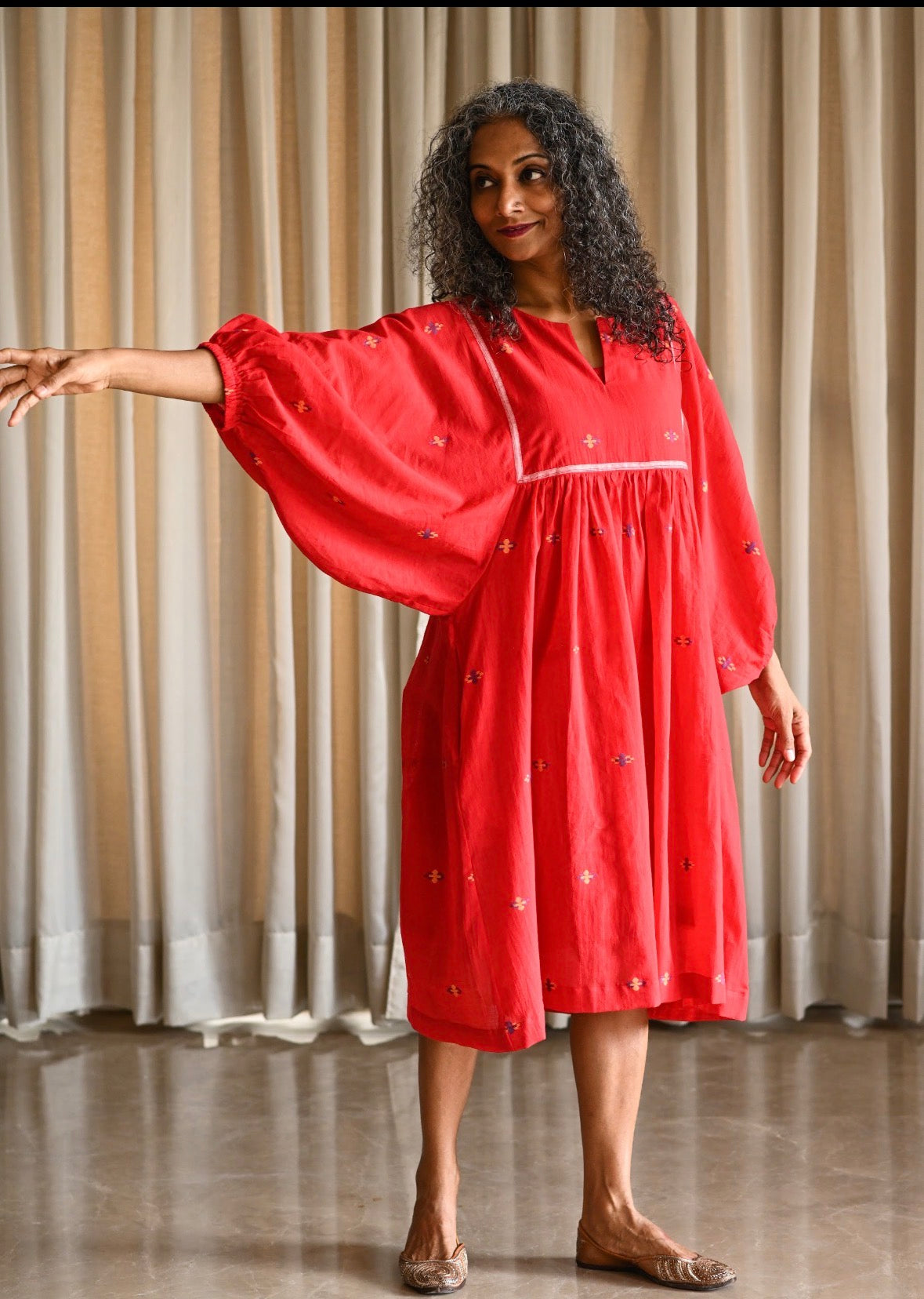 Gather dress in Red Jamdani
